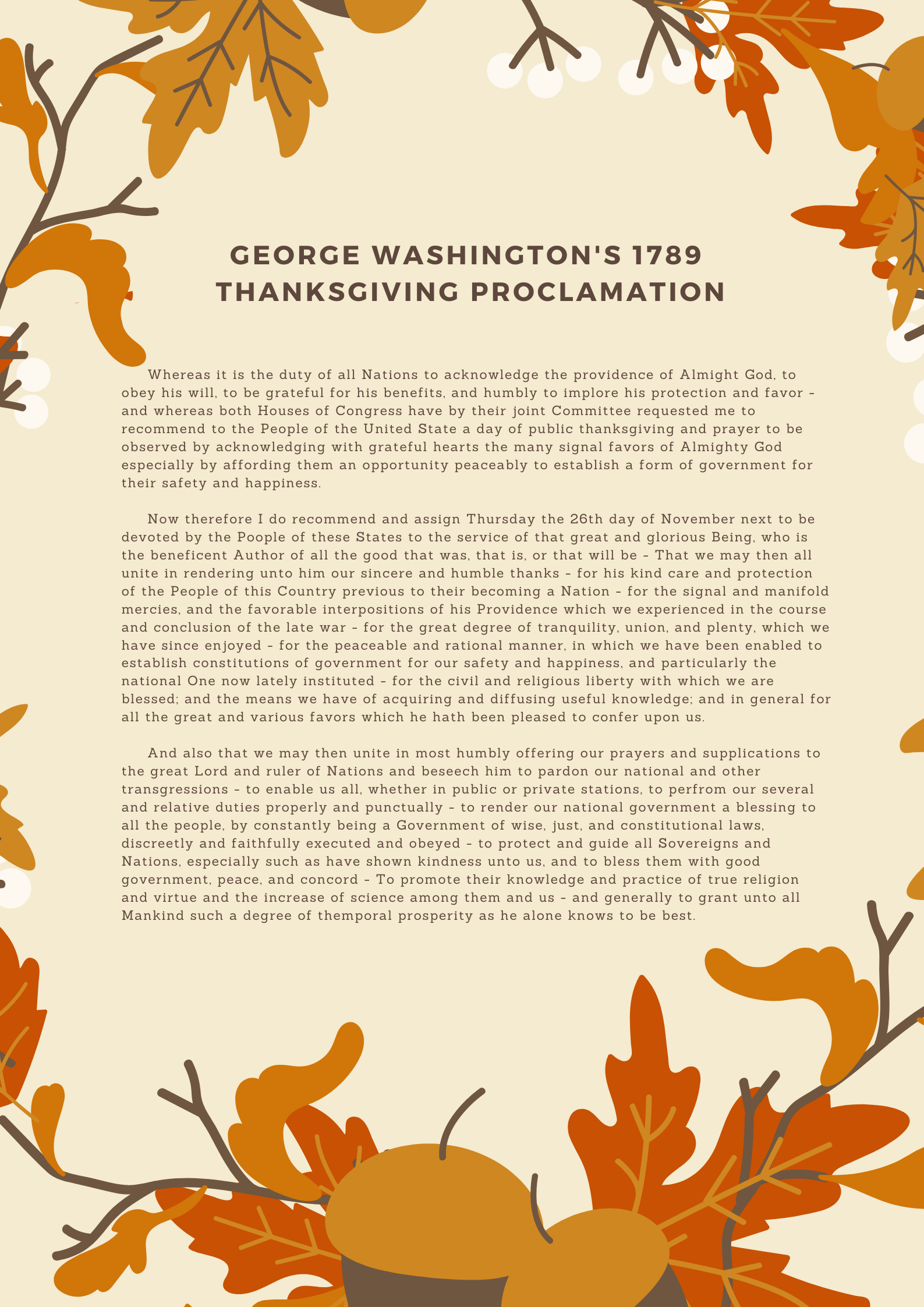 George Washington’s 1789 Thanksgiving Proclamation